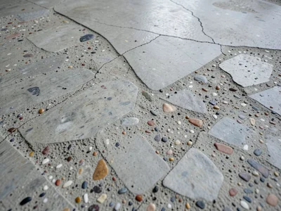 Polished concrete floor, aggregate stones sliced and smoothed flush with cement,