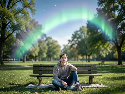 Person sitting in a park with personal northern lights arcing above them, daytim