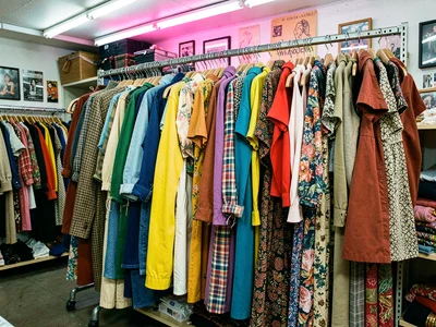 Color organized section, the rainbow of donated clothes, visual abundance