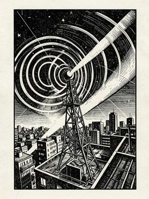 A radio tower on a rooftop broadcasting concentric signal waves across a city sk