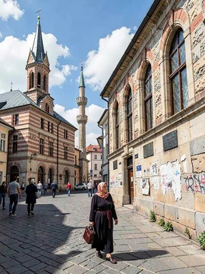Woman passing reconstructed library