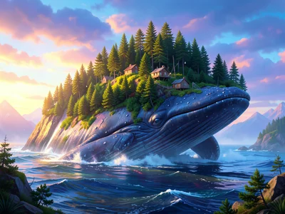 Mountain that is actually a sleeping whale covered in pine trees, tiny fishing v