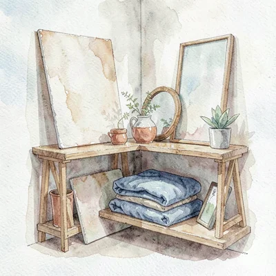 Watercolor of a corner shelf stacked with backdrops, props, and a folded blanket