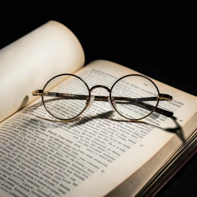 Vintage round eyeglasses on an open book page, reading corner setting