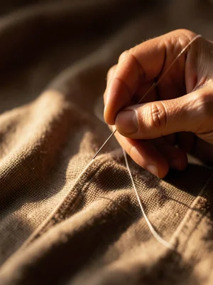 Hands threading a needle with silk thread, fingers pinching the filament