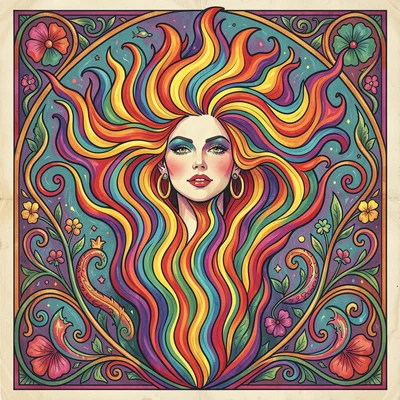 Psychedelic poster illustration, a woman with flowing hair merging into flames ,