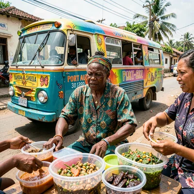 Resilient color in Port-au-Prince, Haiti, Street food griot and pikliz, plastic 