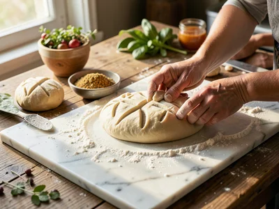 A marble countertop covered in the process of making hot cross buns — the dough 