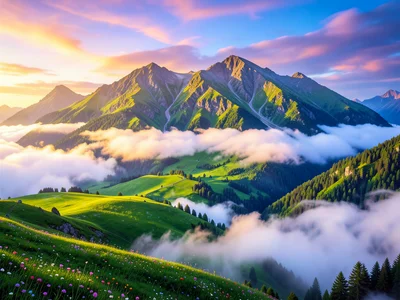 Mountain range that looks like sleeping giants covered in spring meadows, clouds