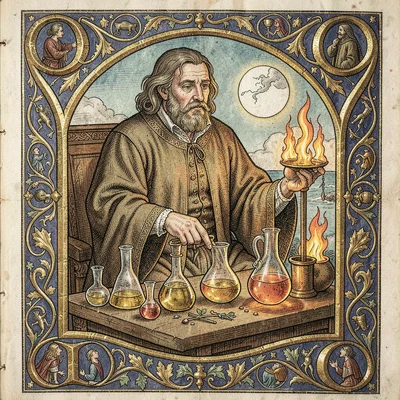 An alchemist with flasks and flames
