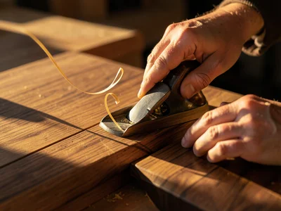 Hands guiding a hand plane along the edge of a walnut board, thin shaving curlin