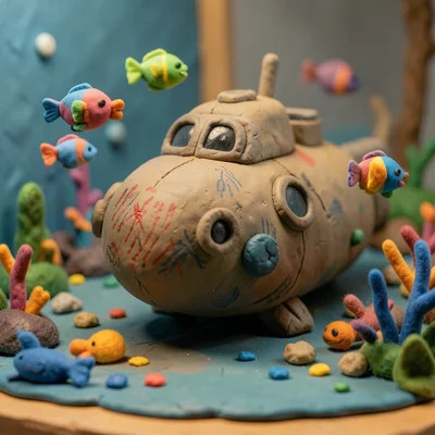 A clay underwater world: a submarine made of clay with round windows, fish made 