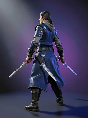 Twilight ranger in indigo-dyed leather with silver-leaf clasps, twin daggers rev