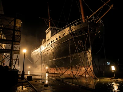 The skeletal hull of a half-built ocean liner in a flooded drydock, scaffolding 