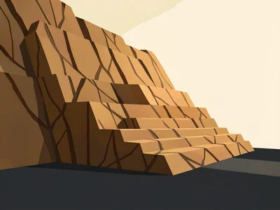 Veined ochre rock face of an open quarry steps down toward a charcoal floor unde