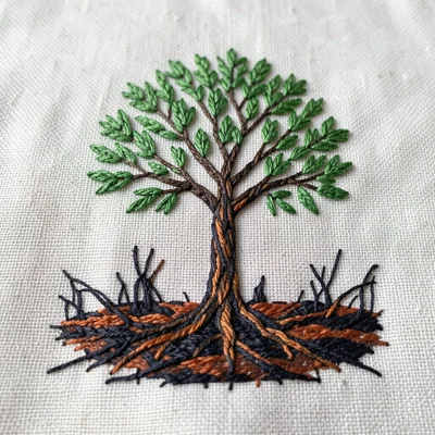 A lone tree in a burned landscape, its surviving green leaves in vibrant satin s