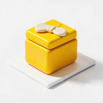Compact chunky clay bow tie box in primary yellow with stubby cream-toned ribbon