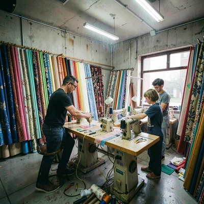 High-energy street photograph, Tailoring shop interior with three sewing machine