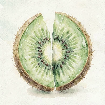 Massive emerald lowpoly kiwi sliced cleanly through with faceted green flesh and