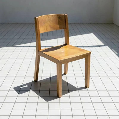 Single wooden chair casting geometric shadow on grid-tiled floor, midday light