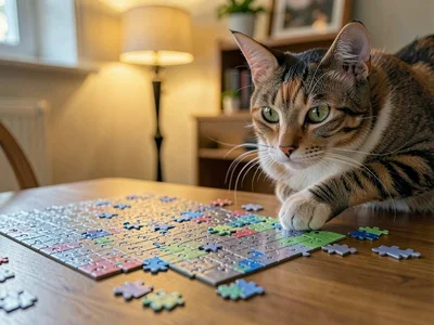 Cat eyeing puzzle pieces suspiciously, paw near the edge, the eternal tension of
