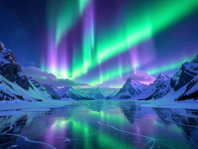 Northern lights dancing in green and purple over a frozen lake