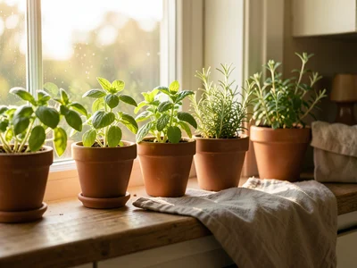A kitchen windowsill lined with small herb pots — basil, mint, rosemary — backli