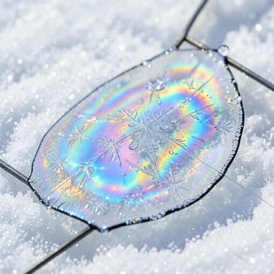 Frozen soap bubble on snow, crystallization patterns forming across the icy soap