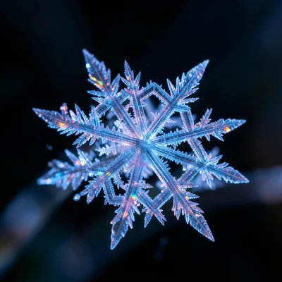 Frost crystal growing on a blade of grass, hexagonal branching pattern, blue mor