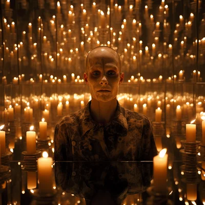 Photo In a dim room a candlelit face is reflected in