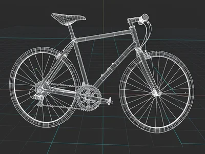 A wireframe bicycle with every spoke, frame tube, and derailleur gear visible as