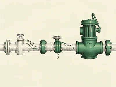 Diagrammed pipeline with valves and stippled flow indicators cuts horizontally a