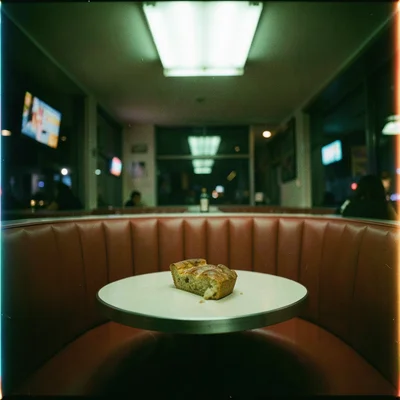 A diner booth at midnight, red vinyl seats, a half-eaten slice of pie, fluoresce