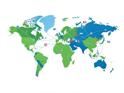 A global map with dotted connection lines between city nodes, planes and data pa
