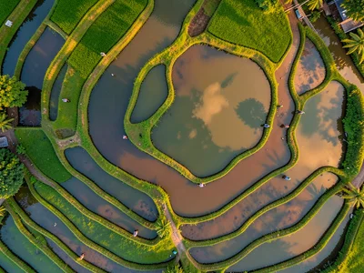 Rice paddies in Bali, terraced steps of green and brown water reflecting sky, ti