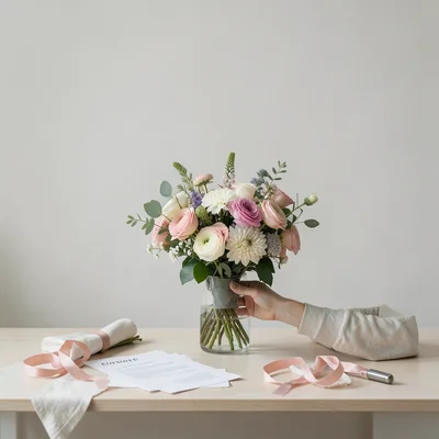 Florist arranging bouquet at workshop counter, order forms and ribbon scattered
