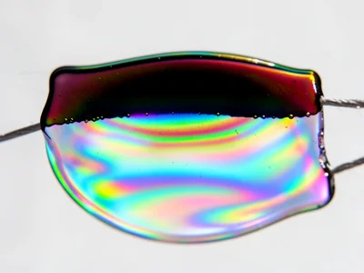 Soap film just before popping, extremely thin upper region showing Newton's blac