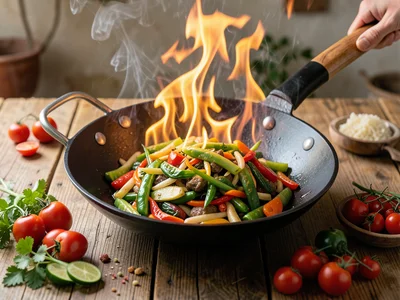 Wok with stir-fry vegetables mid-toss, flames visible, dynamic action shot