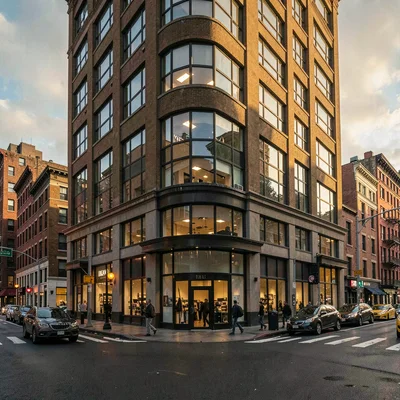 mixed-use mid-rise on a busy corner, retail below, offices above, golden light