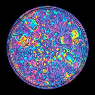 Volcanic rock thin section under polarized light, vivid interference colors, cry