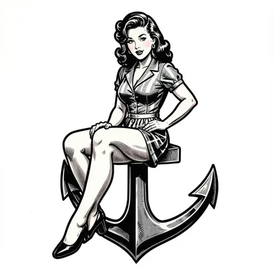 Traditional tattoo flash illustration, Pin-up girl sitting on anchor , bold blac