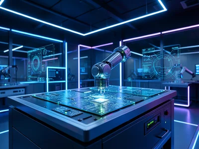 Robotic arm assembling circuit boards in a clean modern factory, blue LED lighti