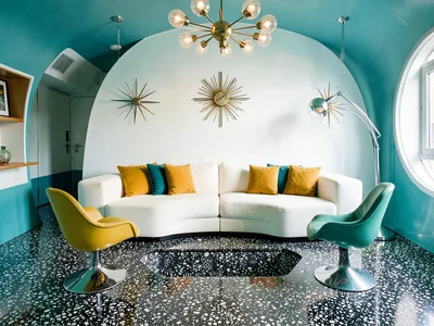 Low Modular Sofa with Globe Floor Lamp