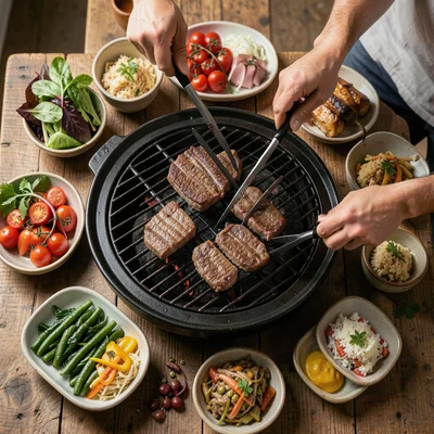 Korean BBQ grill table from above, hands grilling meat, banchan arranged around