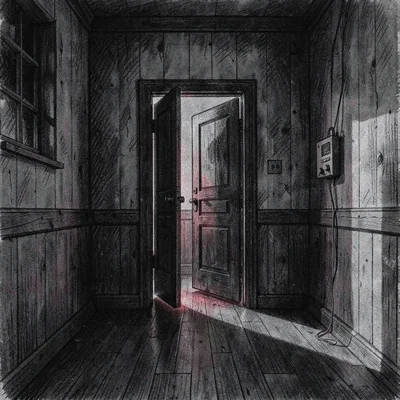Moody charcoal of a darkroom door slightly ajar, faint red glow leaking out, dee