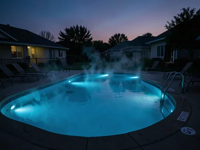 Swimming pool at night, underwater lights casting blue glow, steam rising, empty