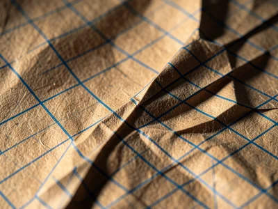 Origami crane wing detail in graph paper, blue grid lines distorted by three-dim