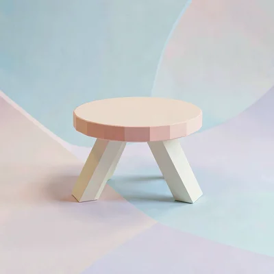 Squat mint lowpoly stool with three faceted cream legs and a peach round seat, o