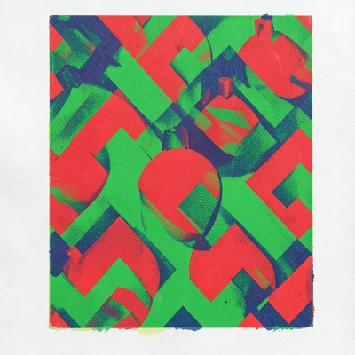 Holiday ornaments in Memphis design pattern, bold zigzags, dayglo red and green