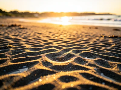 Sand ripple patterns on a beach at low tide, golden hour side-lighting